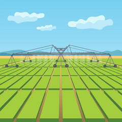Fototapeta premium Modern Agricultural Irrigation System with Linear Sprinklers over Green Fields Flat Art