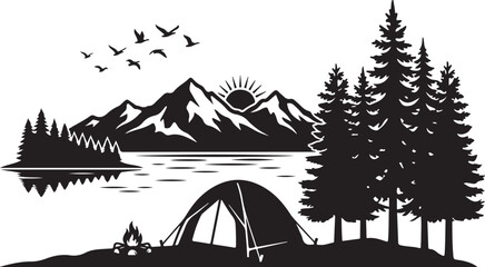 Fototapeta premium Camping, outdoor adventure, nature, landscape, silhouette, black, vector icons, illustrations, 1 graphic