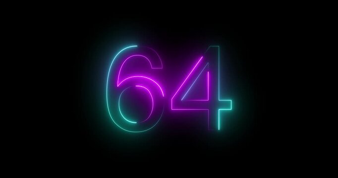 Glowing neon 64 text number animation on black background. Bright neon 64 number symbol. glowing neon number animation concept