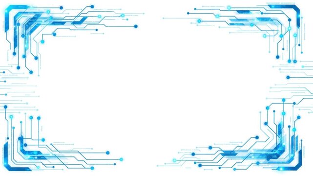 Abstract blue digital circuit board pattern with glowing lines and nodes on a white background