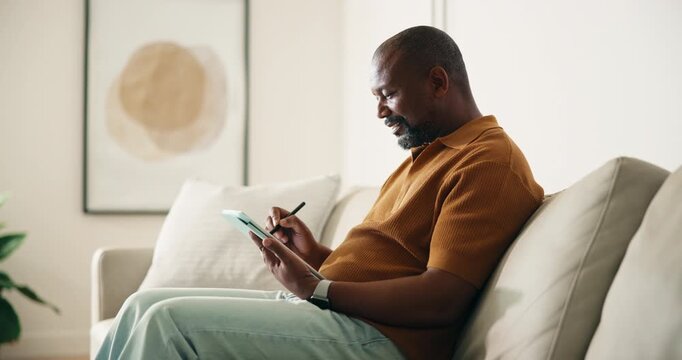 Man, drawing and remote work in home with tablet, stylus and graphic designer for creative campaign. Mature, black person or freelancer in house with tech, project and digital art for logo design.