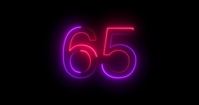 Glowing neon 65 text number animation on black background. Bright neon 65 number symbol. glowing neon number animation concept