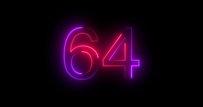 Glowing neon 64 text number animation on black background. Bright neon 64 number symbol. glowing neon number animation concept