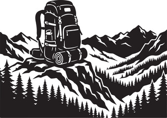 Naklejka premium Hiking backpack, mountain landscape, adventure travel, outdoor exploration, black and white vector