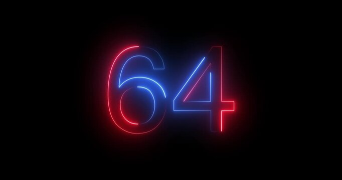 Glowing neon 64 text number animation on black background. Bright neon 64 number symbol. glowing neon number animation concept