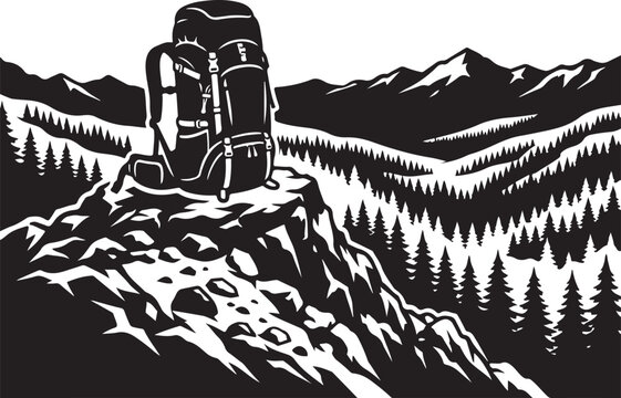 Black and white hiking backpack vector, mountain landscape silhouette, adventure travel icon, outdoor recreation emblem