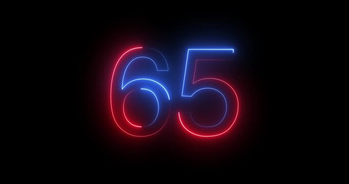 Glowing neon 65 text number animation on black background. Bright neon 65 number symbol. glowing neon number animation concept