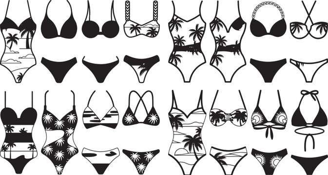 Collection of various swimwear designs and patterns on swimsuits and bikinis