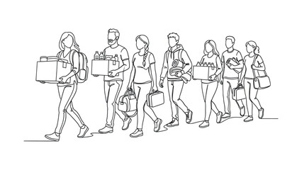 Obraz premium Continuous line drawing of a group of people carrying boxes and bags.
