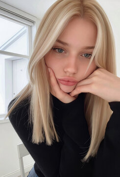 Portr&auml;t einer jungen, blonden Frau mit nat&uuml;rlichem Make-up und schwarzem Rollkragenpullover, nahaufnahme