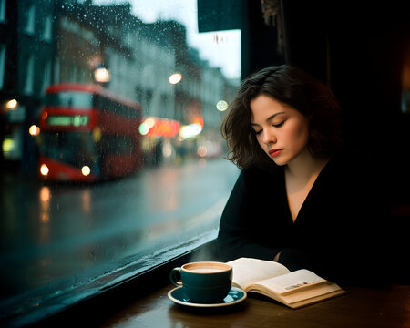 A woman reads a book in a cozy cafe by a rain-streaked window, coffee at hand; blurred city lights and a red double-decker bus pass outside, creating a moody evening scene.