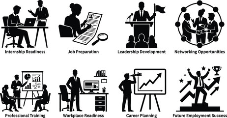 Obraz premium Career Development and Professional Readiness Black Silhouette Icon Collection for Employment and Leadership Success