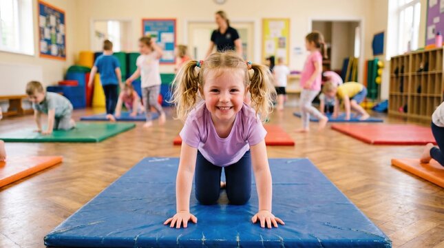 Little girl exercising on gym mat in preschool gymnastics class with gymnastics preschool exercise movement physical