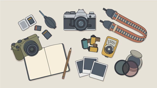 Flat lay illustration of vintage film and digital photography equipment gear with cameras notebook and accessories