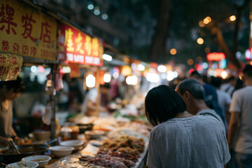 Fototapeta premium Night market glows with warm, inviting lights. Shoppers browse stalls filled with fresh foods. Woman leans in, curious about the offerings. Vibrant signs glow softly against the night