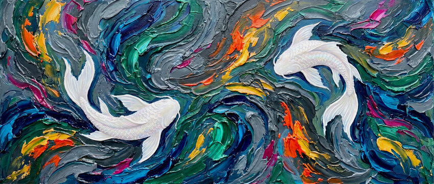 Artwork depicting koi fish swimming in a pond.