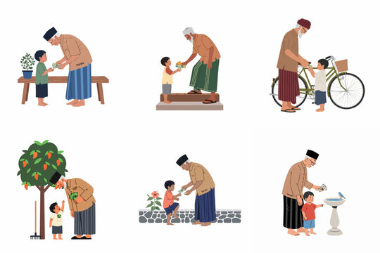 Illustration set of a senior Muslim man giving money to a young boy, depicting Eid traditions of sharing and generosity.