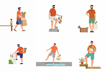 Fototapeta premium Set of diverse vector illustrations of a man carrying grocery bags, baskets, and fresh food in different everyday situations.