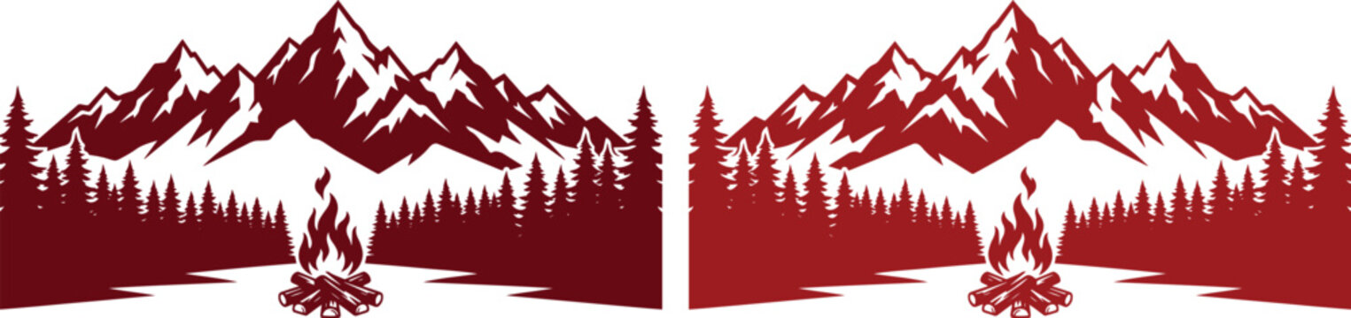 Rustic Mountain Campfire Vector Illustration. Outdoor Adventure and Wilderness Camping Graphic. Forest Landscape with Pine Trees and Peaks, ideal for Logos and Badges.