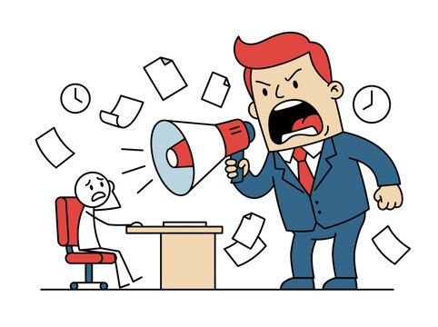 Angry boss yelling at employee with megaphone in office
