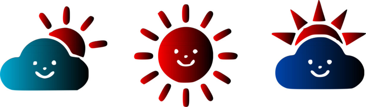 Cute cartoon weather forecast graphic vector set featuring a smiling sun with vibrant red rays and happy blue gradient partly cloudy climate icons isolated on a white background.