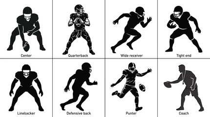 Black Silhouette Icons Depicting American Football Player Positions and Roles for Sports Education and Athletic Design Projects © Niheranjan