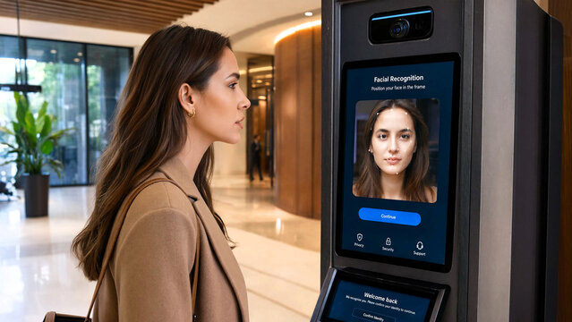 Woman using a facial recognition kiosk for secure building access