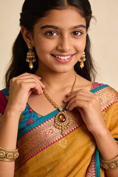 Indian woman in traditional Indian costume showcasing gold jewellery 