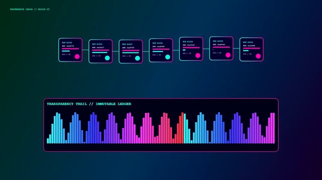 Ethics auditing is depicted through a glowing digital sequence of interconnected modular blocks and pulsating frequency graphs displayed on a dark computer monitor for data tracking