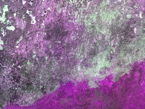 A close-up shot captures the rough, weathered texture of an old concrete wall. The surface is uneven, dark patches, mineral stains, and reflecting natural aging