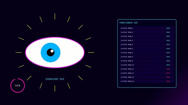 Ethics auditing software displays graphical eye icons and system logs blinking as data flows within a dark digital interface during a simulated software test sequence