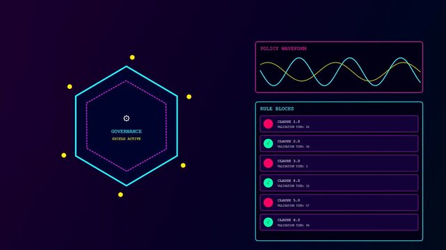Digital ethics auditing systems display vibrant glowing interface elements with oscillating waveforms and list rows as data streams pulse within a dark graphical user interface environment