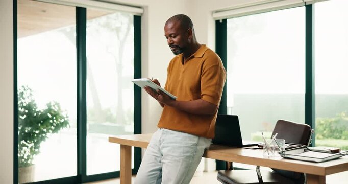 Man, drawing or remote work in home office with tablet, stylus or graphic designer for online campaign. Mature, black person or freelancer in house with tech, project and digital art for logo design.