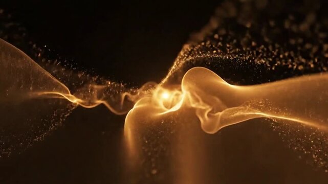 Abstract golden flowing particles creating an ethereal light wave on a dark background, dynamic glitter dust effect