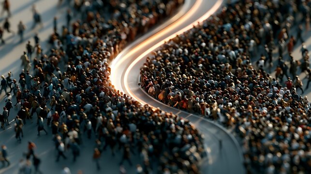 Large crowd of people split by a glowing winding path of light representing journey direction innovation and future goals