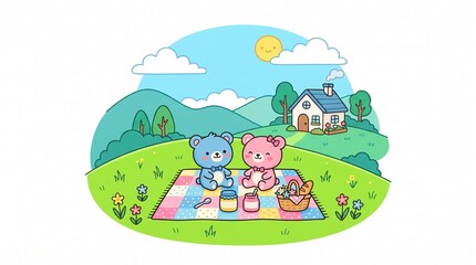 Fototapeta premium Two cute cartoon bears have a picnic on a blanket outside a house