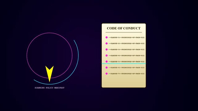 A digital ethics auditing process displays as a circular motion graphic animation appearing alongside a scrolling list of rules on a dark purple screen