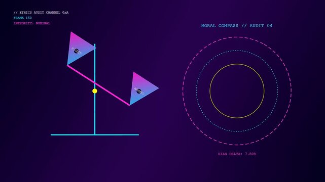 the process of ethics auditing is illustrated by a rotating mechanical scale showing numeric fluctuating data points on a dark purple digital display interface