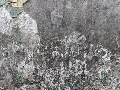 A close-up shot captures the rough, weathered texture of an old concrete wall. The surface is uneven, dark patches, mineral stains, and reflecting natural aging