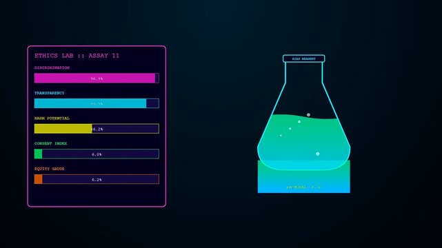 Digital displays showing ethics auditing metrics alongside glass laboratory beakers filled with glowing neon liquid samples as part of a complex scientific data evaluation research project