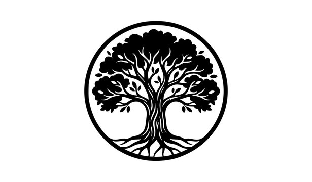 Majestic Ancient Oak Tree Circular Shape Vector Logo Isolated on White