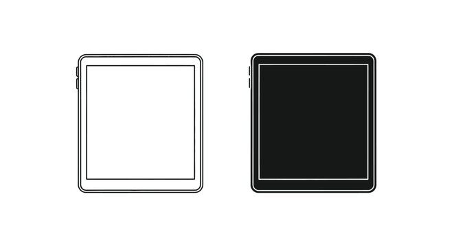 Minimalist black and white tablet computer icon set featuring simple outlines and solid fill styles