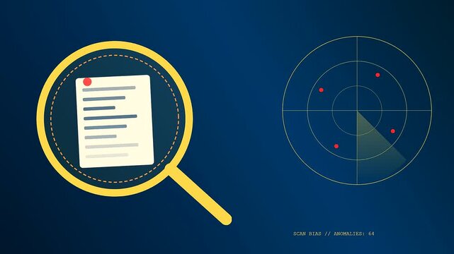Performing ethics auditing via a glowing magnifying glass hovering over document files with active radar circular scan interfaces displayed in a dark blue digital screen environment