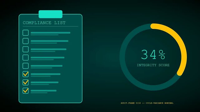 A digital ethics auditing interface displaying progress charts with glowing circular bars and checklist panels that flicker on a dark screen during a computer system scan process