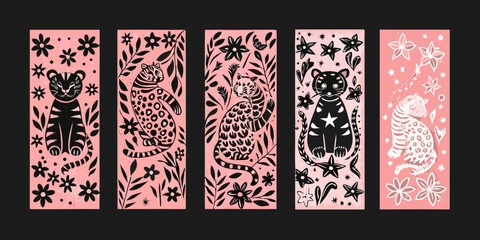 Floral ornament with cats vector illustration on a dark background © Prince