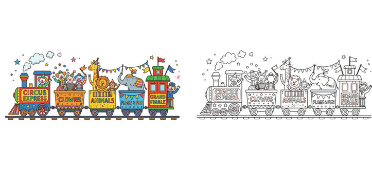 Circus Express train with funny clowns and zoo animals, coloring book page for kids, vector illustration of festive carnival locomotive with carriages on white background.