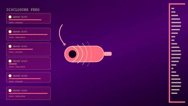 Data streaming ethics auditing interface displayed on screens showing a glowing cylindrical object emitting signals inside a virtual purple environment with multiple lists of status updates