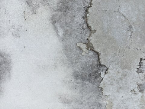 A close-up shot captures the rough, weathered texture of an old concrete wall. The surface is uneven, dark patches, mineral stains, and reflecting natural aging