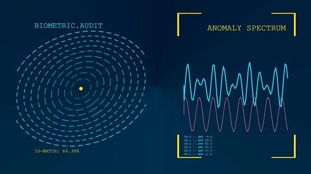 Digital displays showing ethics auditing metrics with fluctuating wave patterns and circular pulse interfaces tracking biometric data changes across three shifting dark screen interface monitors