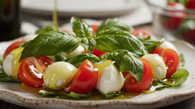 Delicious caprese salad with fresh mozzarella, ripe tomatoes, basil, and drizzled olive oil served on a plate